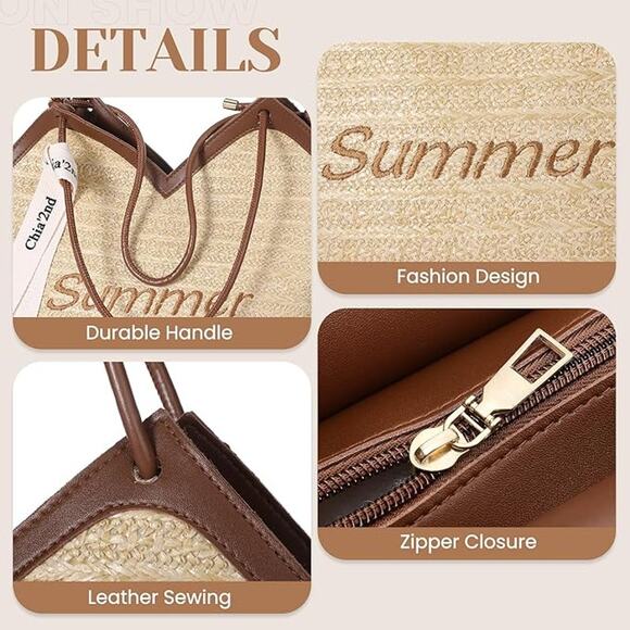 New Trifabricy Straw Summer Cruise Beach Faux Leather Trim Zippered Tote Bag - Picture 5 of 6